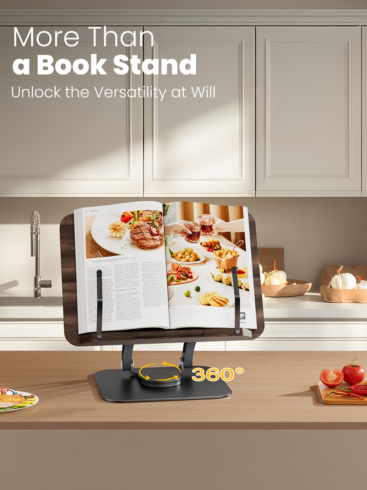 Tounee Book Stand for Reading, Adjustable Book Holder with 360° Swivel Base, Foldable Cookbook Stand Recipe Book Holder with Elastic Page Clips for Music Scores, Recipe, Tablet, Laptop-Gray