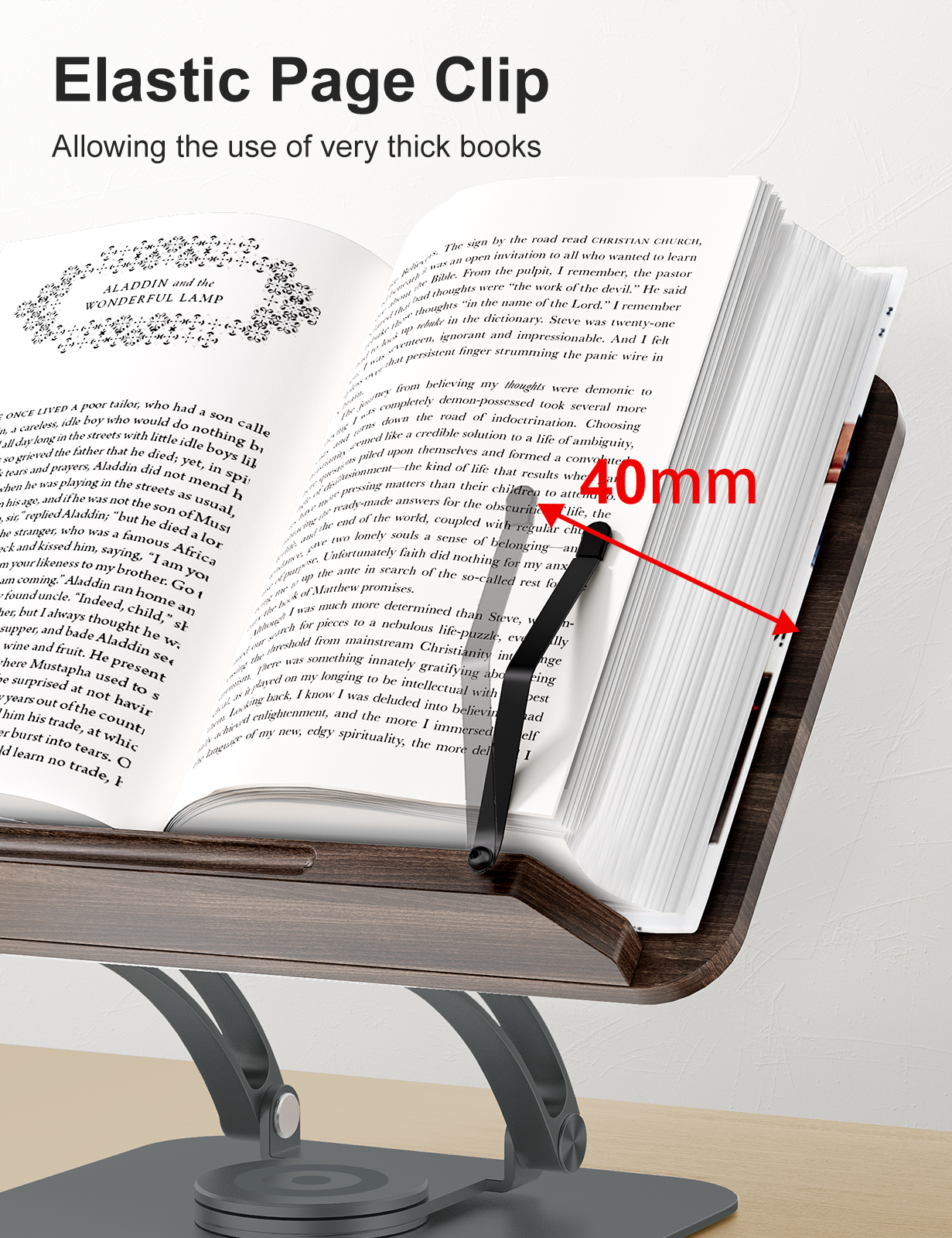 Tounee Book Stand for Reading, Adjustable Book Holder with 360° Swivel Base, Foldable Cookbook Stand Recipe Book Holder with Elastic Page Clips for Music Scores, Recipe, Tablet, Laptop-Gray