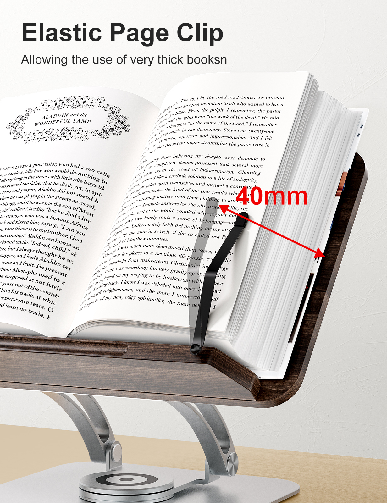Tounee Book Stand for Reading, Adjustable Book Holder with 360° Swivel Base, Foldable Cookbook Stand Recipe Book Holder with Elastic Page Clips for Music Scores, Recipe, Tablet, Laptop-Silver