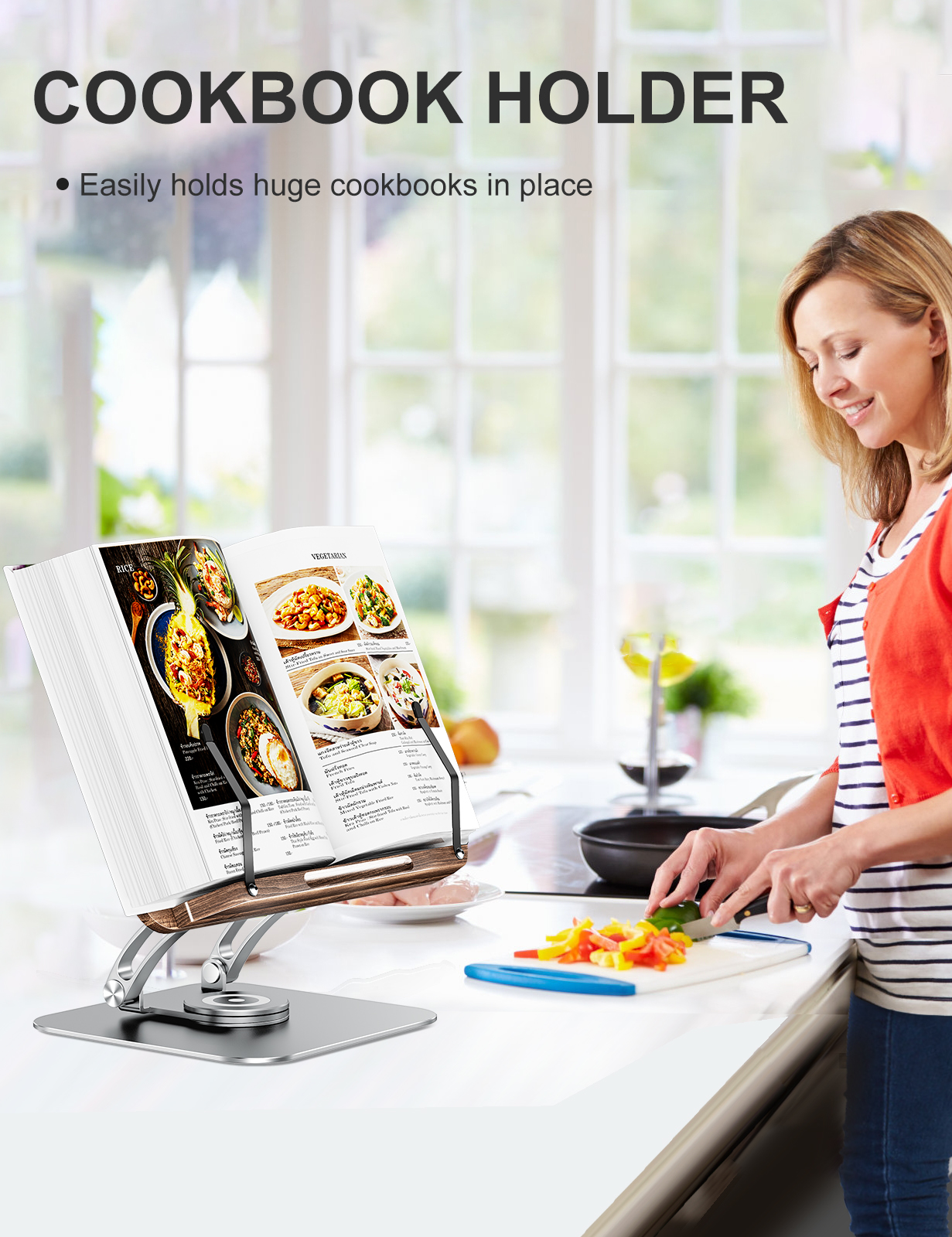 Tounee Book Stand for Reading, Adjustable Book Holder with 360° Swivel Base, Foldable Cookbook Stand Recipe Book Holder with Elastic Page Clips for Music Scores, Recipe, Tablet, Laptop-Silver