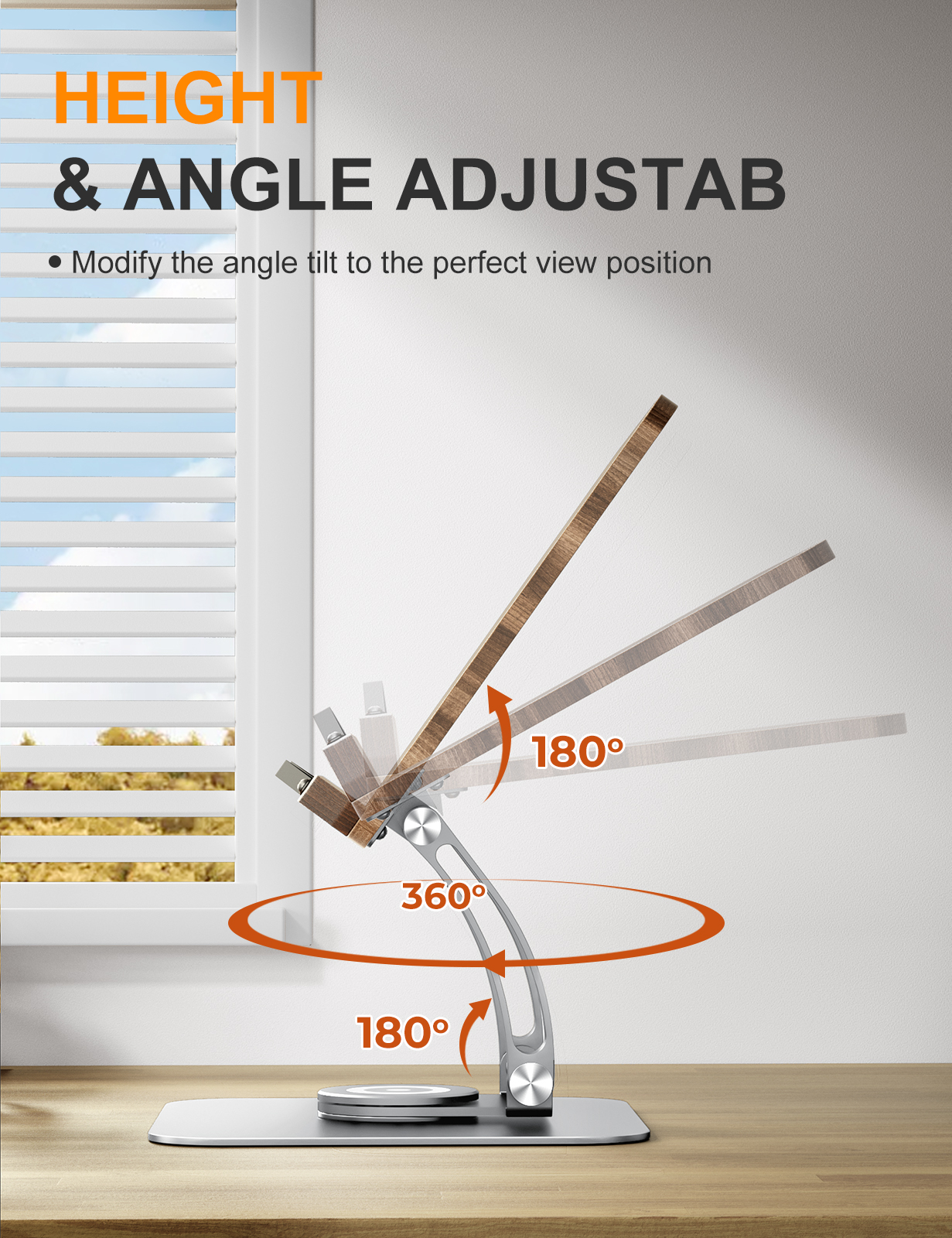 Tounee Book Stand for Reading, Adjustable Book Holder with 360° Swivel Base, Foldable Cookbook Stand Recipe Book Holder with Elastic Page Clips for Music Scores, Recipe, Tablet, Laptop-Silver