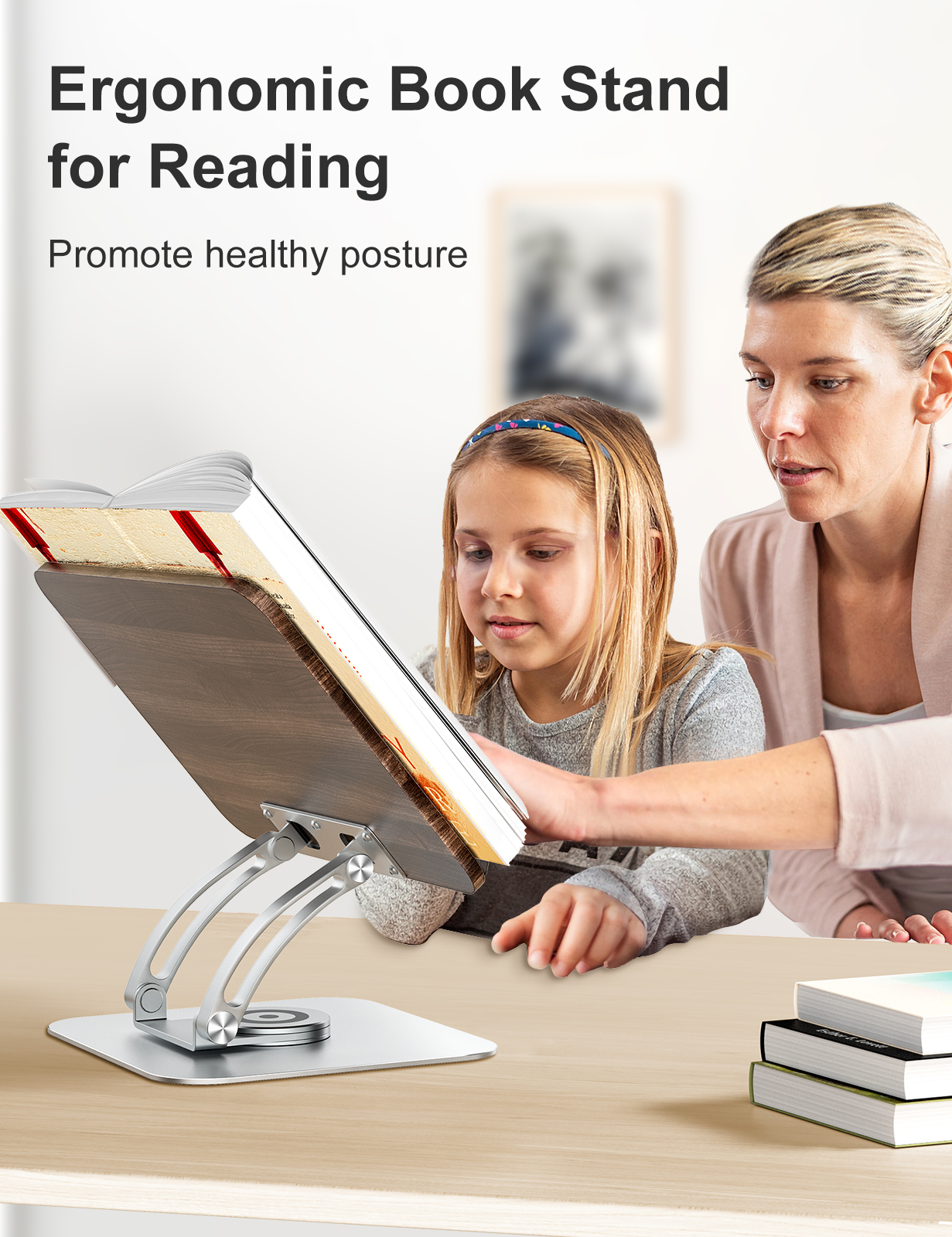 Tounee Book Stand for Reading, Adjustable Book Holder with 360° Swivel Base, Foldable Cookbook Stand Recipe Book Holder with Elastic Page Clips for Music Scores, Recipe, Tablet, Laptop-Silver