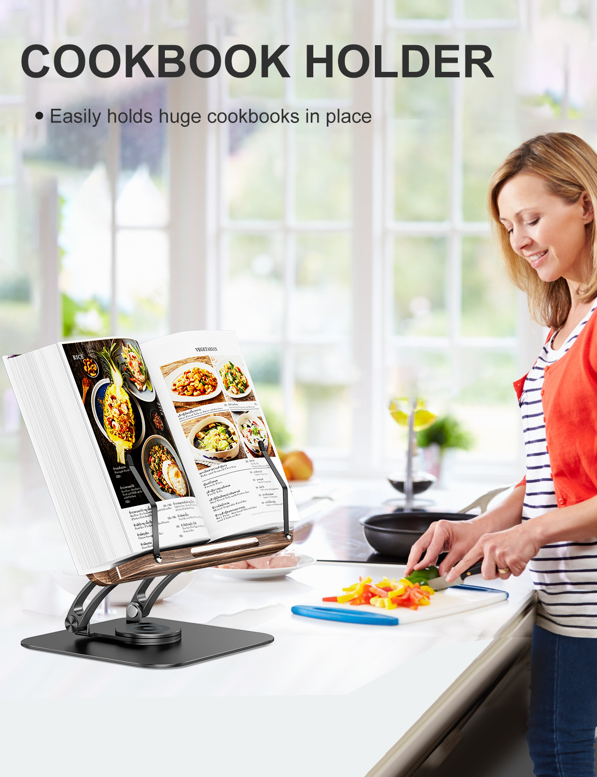 Tounee Book Stand for Reading, Adjustable Book Holder with 360° Swivel Base, Foldable Cookbook Stand Recipe Book Holder with Elastic Page Clips for Music Scores, Recipe, Tablet, Laptop-Black