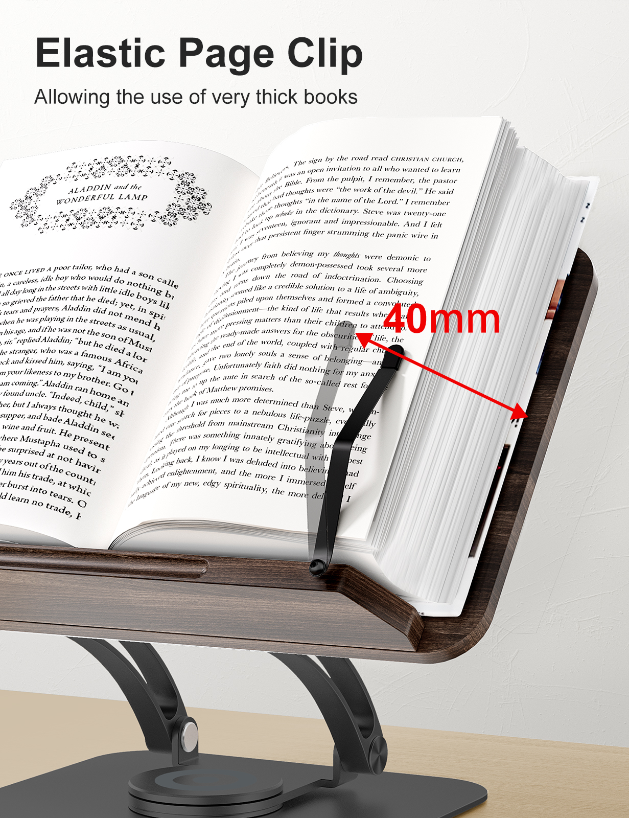 Tounee Book Stand for Reading, Adjustable Book Holder with 360° Swivel Base, Foldable Cookbook Stand Recipe Book Holder with Elastic Page Clips for Music Scores, Recipe, Tablet, Laptop-Black